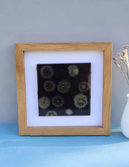 Tableau 25cm résine epoxy inclusion pissenlits naturels cadre en chêne